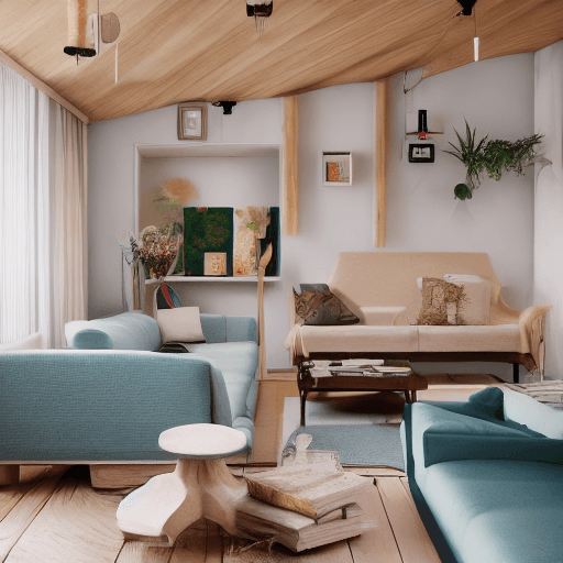 AI generated: High resolution photography interior design, dreamy sunken living room conversation pit, wooden floo...