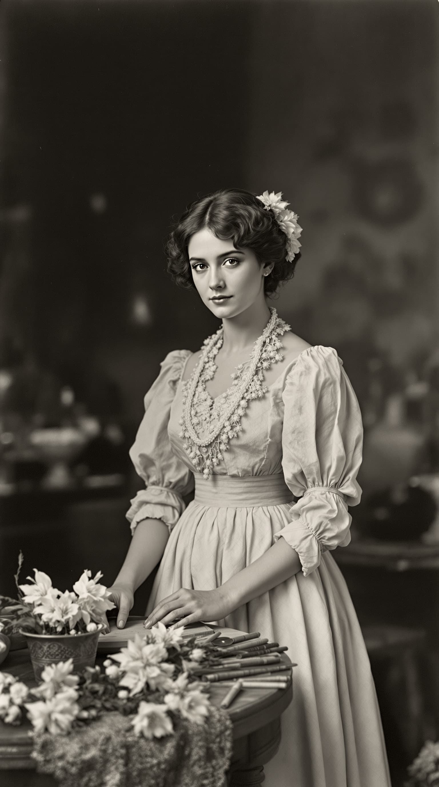 AI generated: A professional photograph captures the most beautiful girl in the world. eine frau im dachatelier, s...
