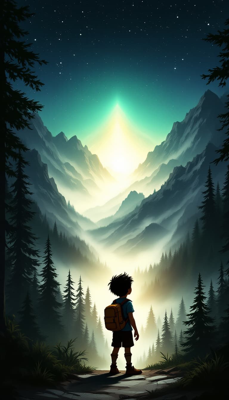 AI generated: "A mysterious glowing light emerging from the peaks of a dark and misty mountain range, surrounded b...
