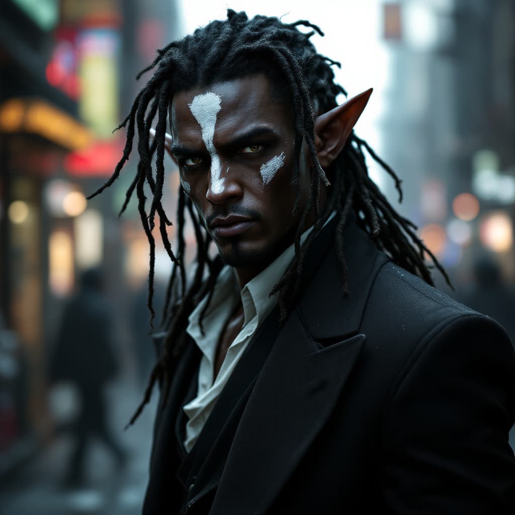 AI generated: Photo of a shadowrun character portrait of a male elf with dark skin , elf ears and dreadlocks. Wear...
