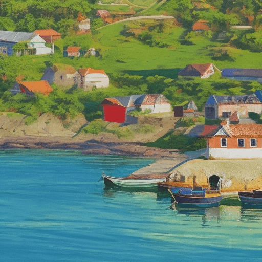 AI generated: a fishing village on a small island, afternoon, sun shining, 