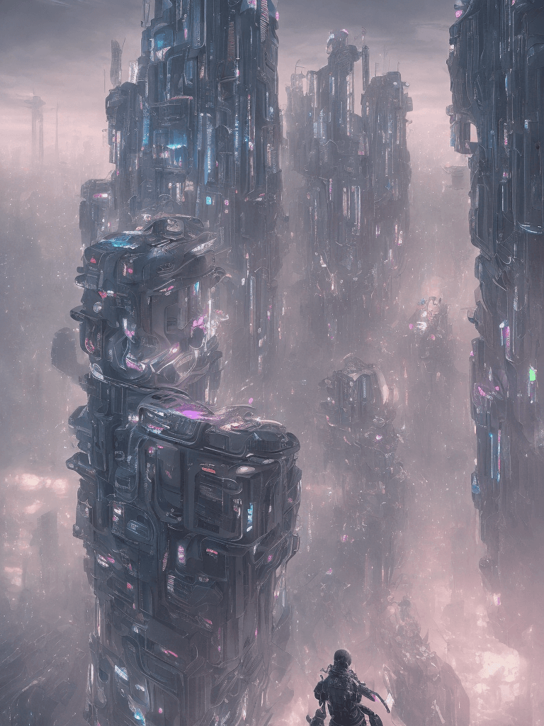 AI generated: detailing two cyborgs drawing in an apartment overlooking a cyberpunk city, standing hair line Sheen...