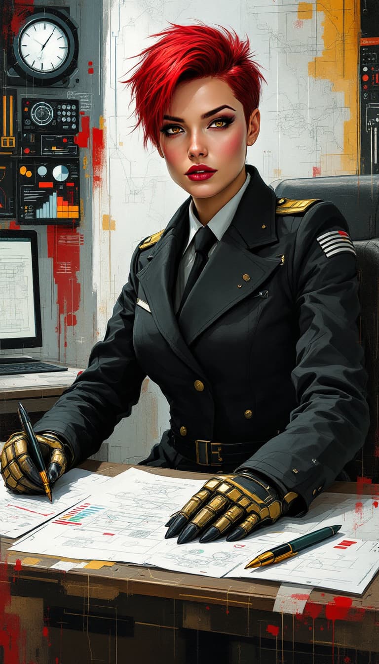 AI generated: "Crimson Strategist in a War Room": A dynamic abstract painting captures a strategist, exuding both ...