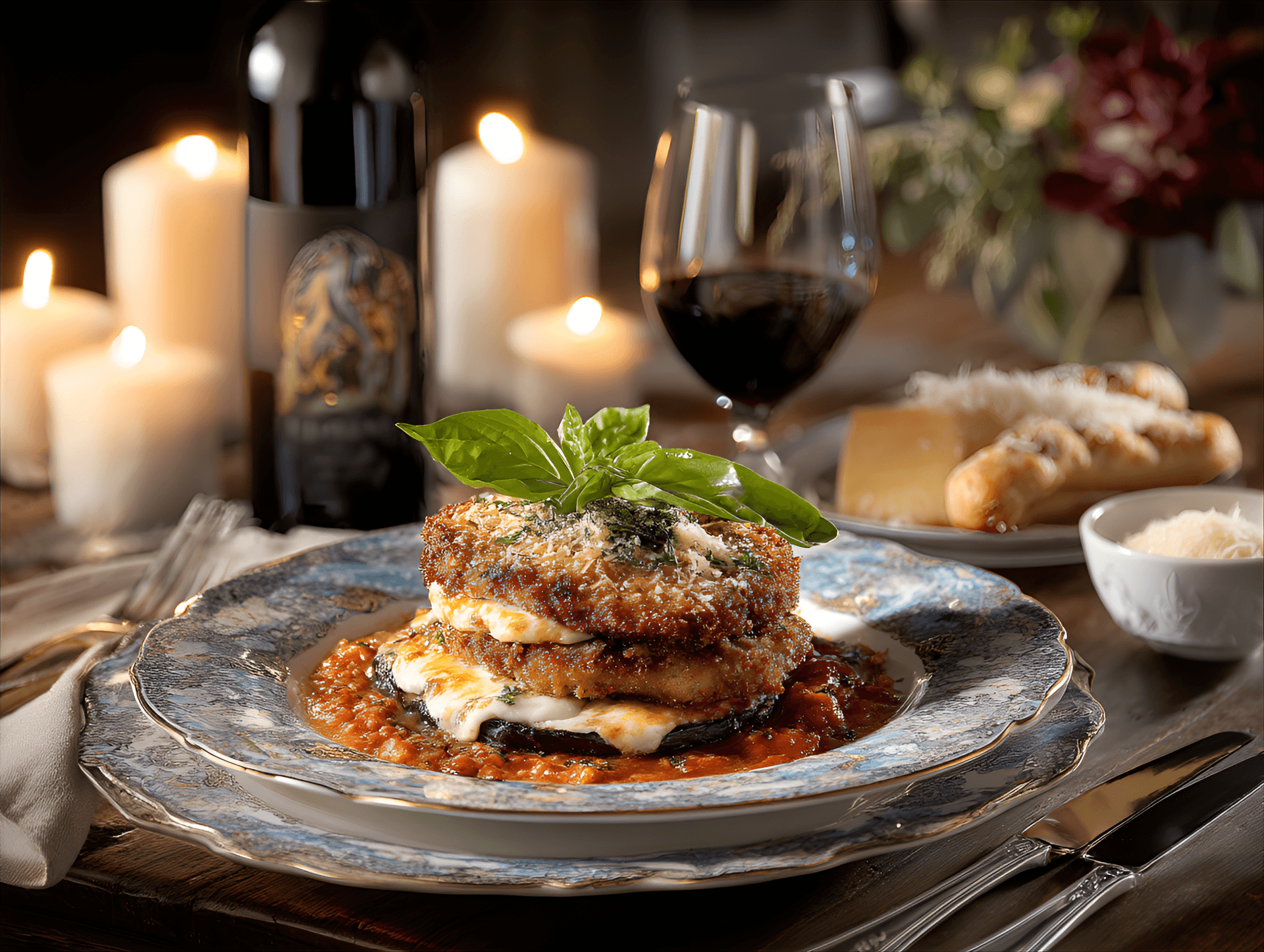 AI generated: mouthwatering plate of eggplant parmesan on a classic porcelain platter, presented on an antique din...