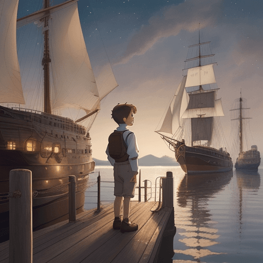 AI generated: A boy with brown hair during day time, stands on the dock of the small port, looking with wonder at ...