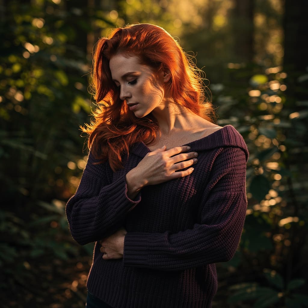 AI generated: A fit 30yo woman with long, wavy red hair stands in a lush forest during golden hour. She has fair s...