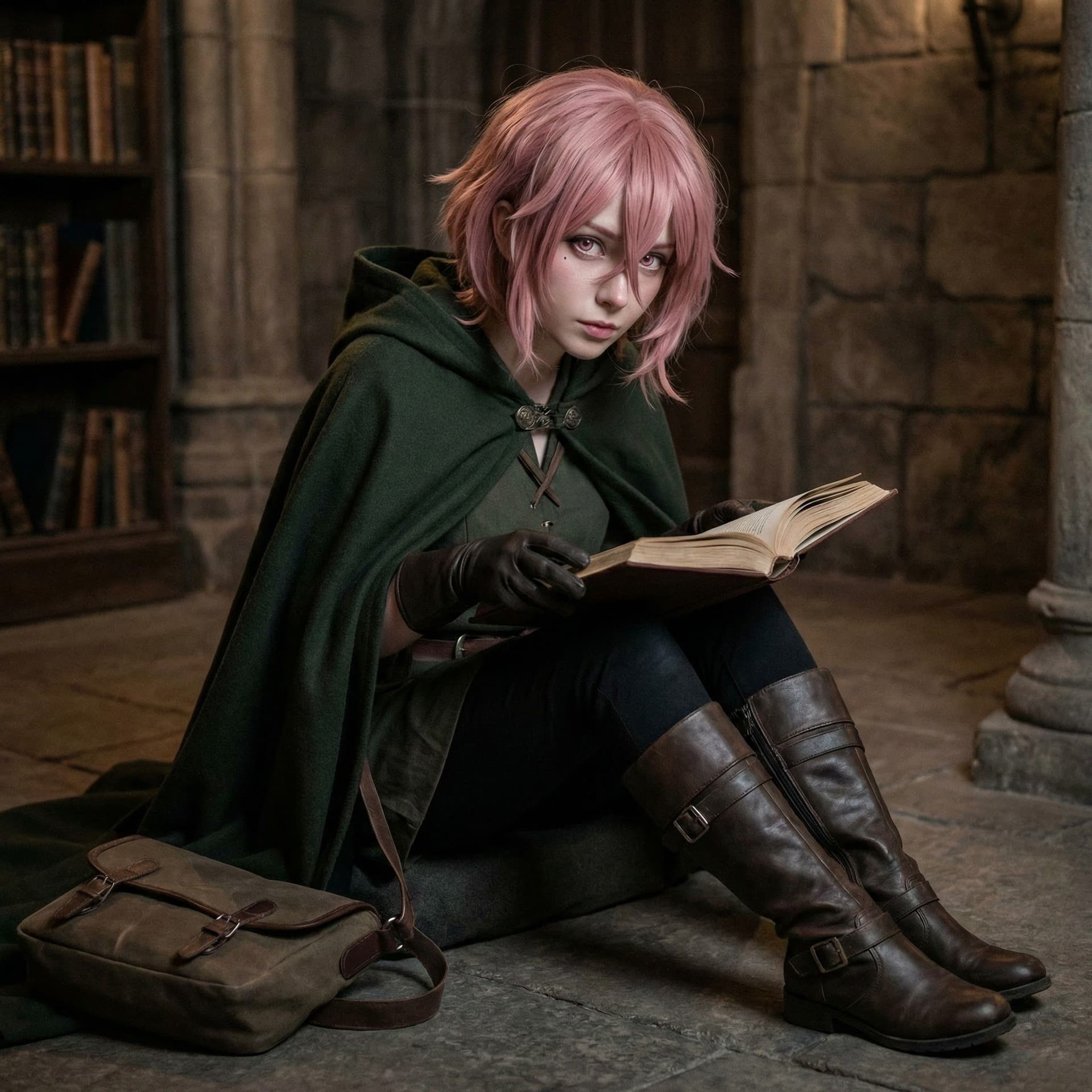 AI generated: smart_sitri, short_hair, pink_hair, hood, hair_between_eyes, pink_eyes, cloak, green_cloak, gloves, ...