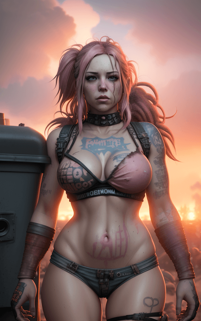 AI generated: Photo of a ultra realistic hippie trash punk steam bombshell,its moist and tight, perfect anatomy, f...
