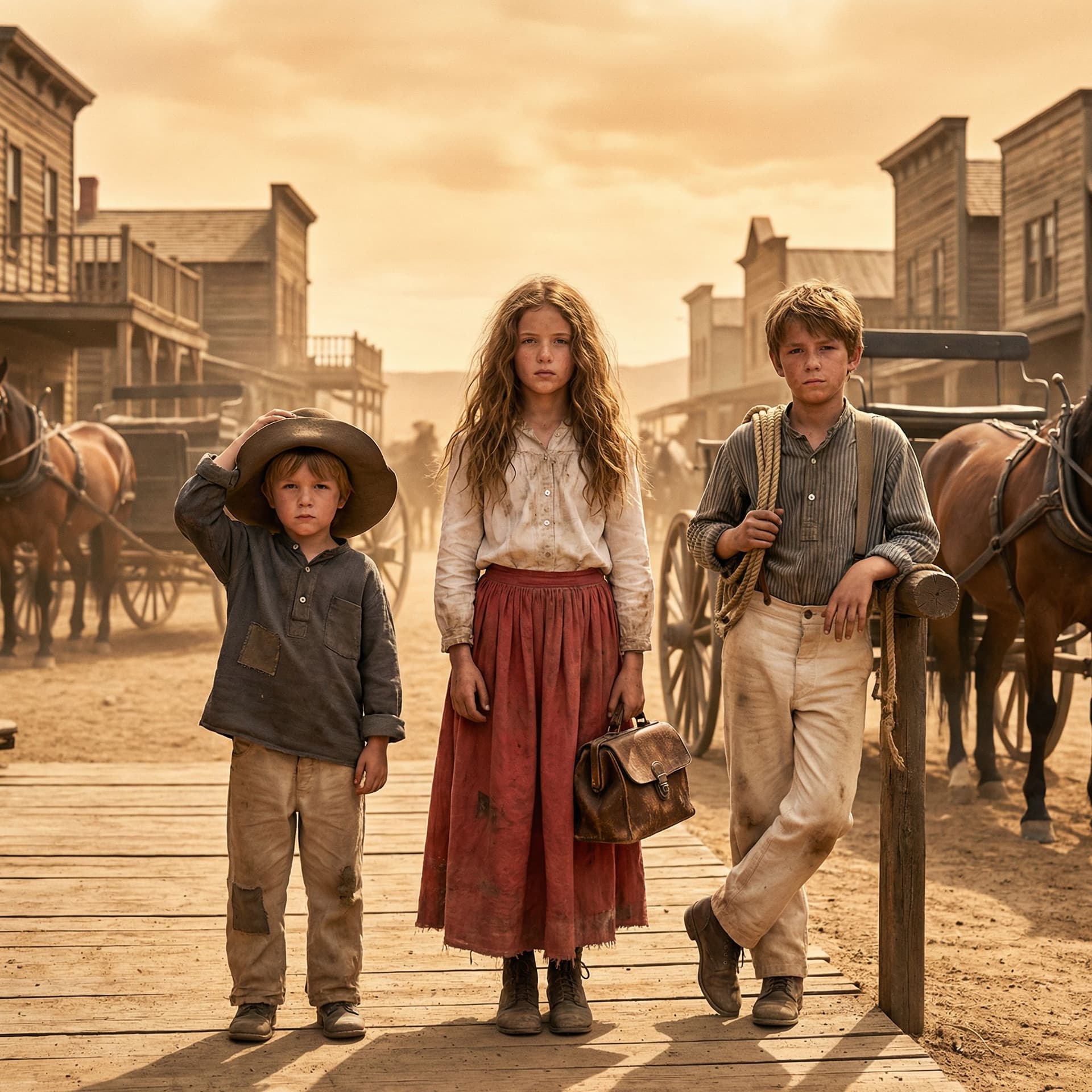 AI generated: Prompt: A high-quality cinematic shot in the style of Red Dead Redemption 2, featuring three young s...