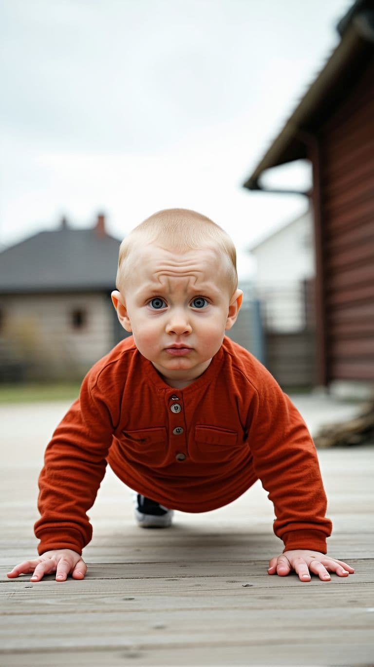 AI generated: A baby 2 years old from Russia With a muscular physique  bodybuilder doing push-up exercise while lo...