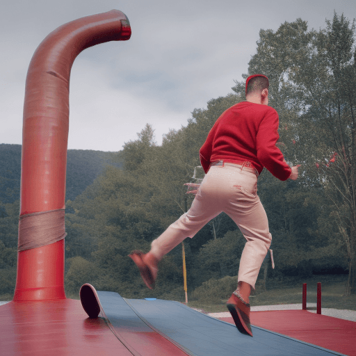 AI generated: Photo of a man A Man with a giant red rocket tied to his back, wearing rollerbaldes, ready to jump o...