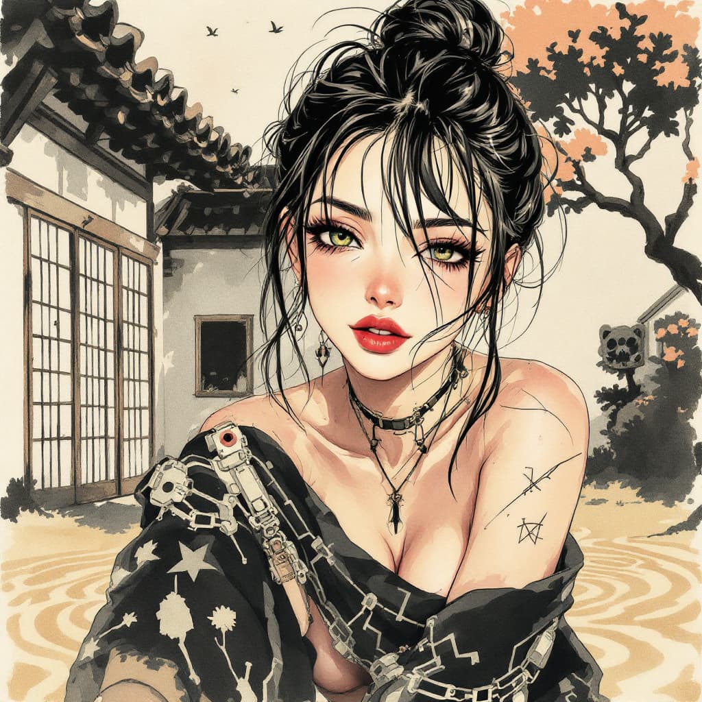 AI generated: anime full body Symbolist ink wash painting of a 24-year-old Yao-Greek female edgy rocker girl with ...