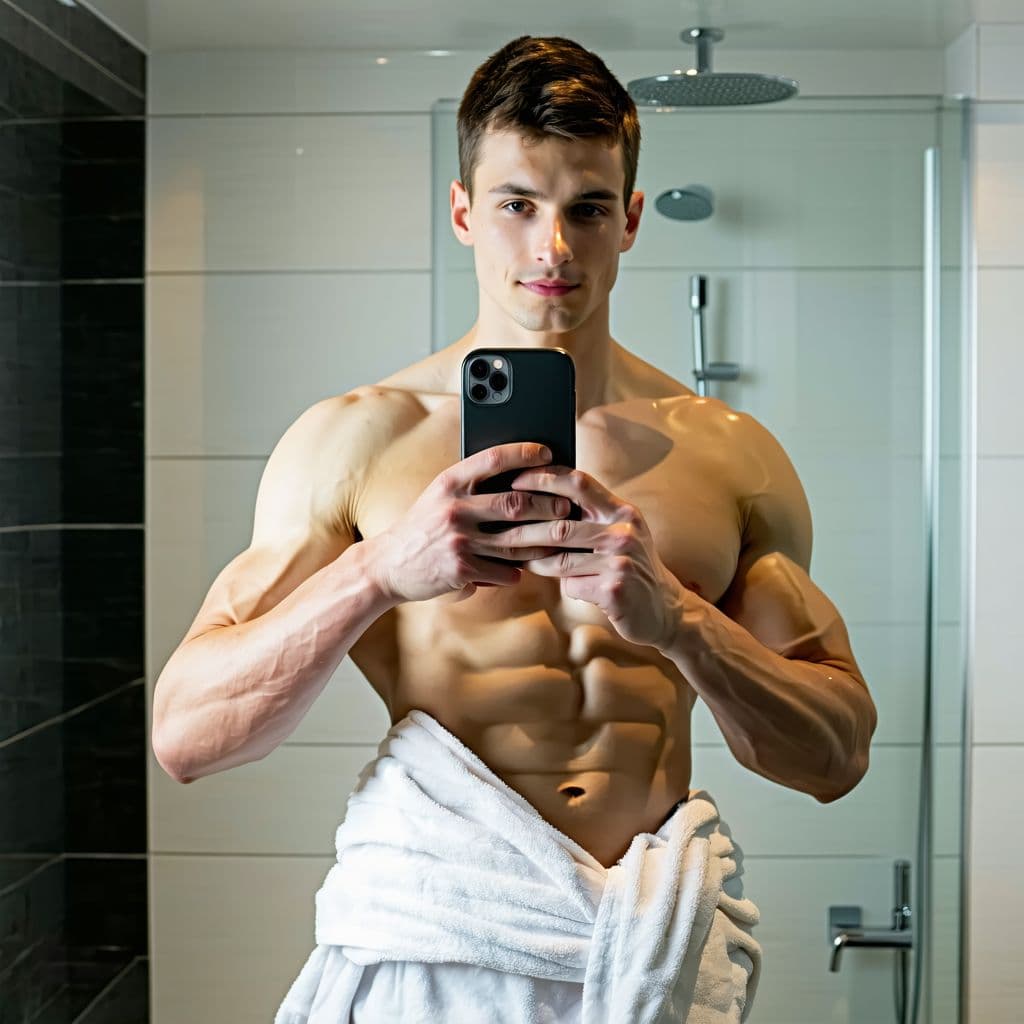 AI generated: A European man, 29 years old, with short brown hair, standing in front of a mirror taking a selfie w...