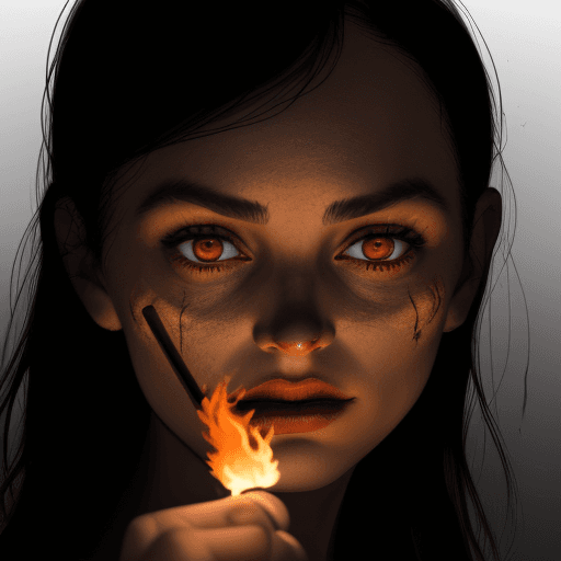 AI generated: A woman holds a very small flaming match close to her face,There was a bright orange firelight from ...