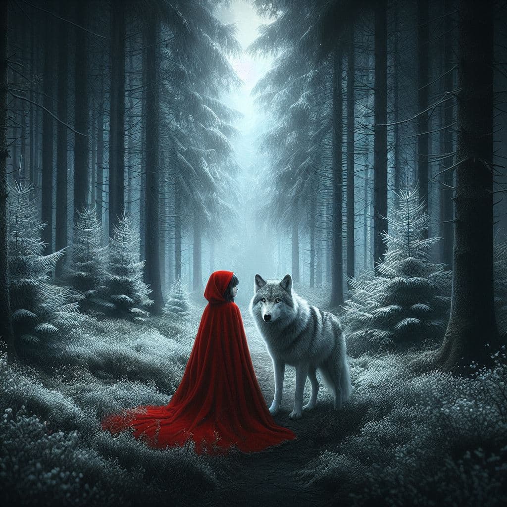 AI generated: The Girl in the Red Cloak with the Wolf in the Dark Forest detailed digital painting, a photorealist...