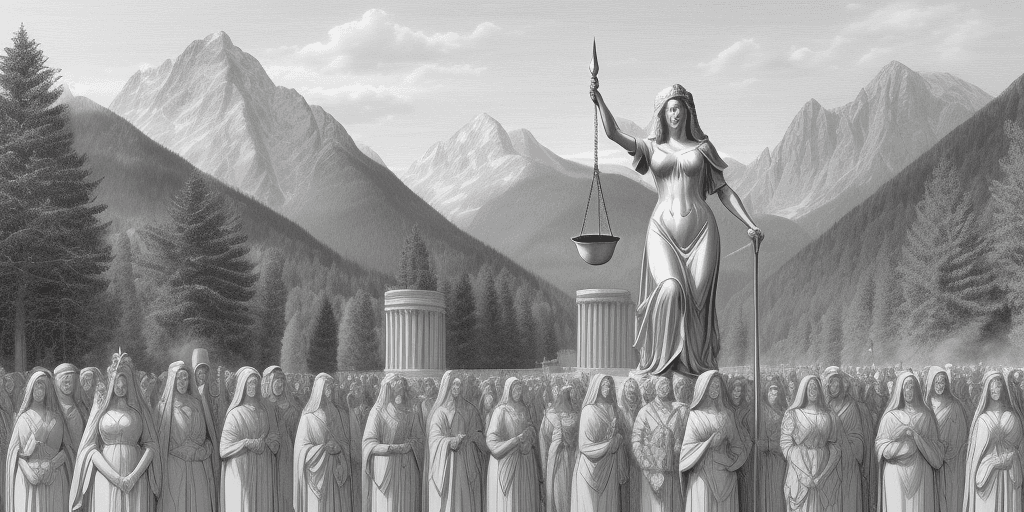 AI generated: Can you create a sketch of lady justice - justice is blind - ruling over a large crowd of people in ...