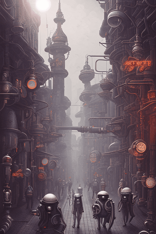 AI generated: A retro-futuristic 16th century city street, strange beings with bright black heads and highly artic...