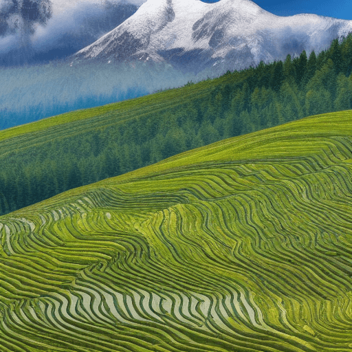 AI generated: Enter the serene world of "Harmony of Peaks and Fields," where majestic mountains embrace fields in ...