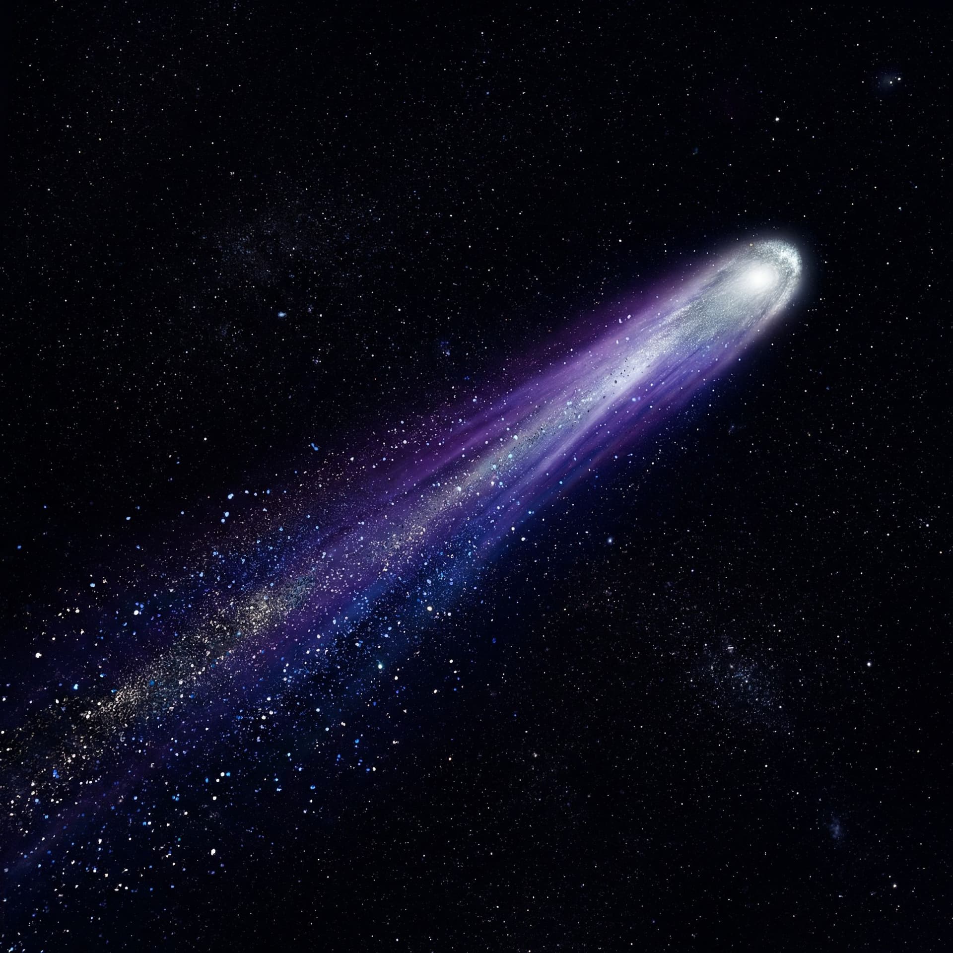 AI generated: a Silver comet with a long purple tail with blue and silver sparkles sprinkling off of it in the dar...