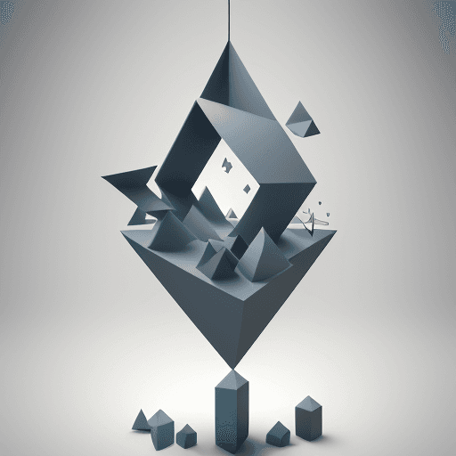 AI generated: Create a surreal 3D composition with a simple landscape and floating geometric shapes. In the center...