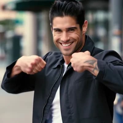 AI generated video: Flexing biceps while smiling looking down then back at me walking towards me smiling and licking lip...