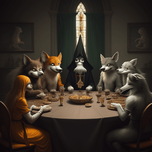 AI generated: a group of people sits around a large table in a costume, in the style of realistic animal portraits...