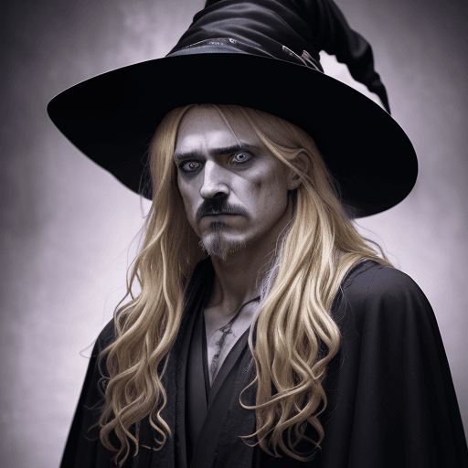 AI generated: A surprised man with long, messy blonde hair dressed as a witch with a hat, wearing a black robe wit...