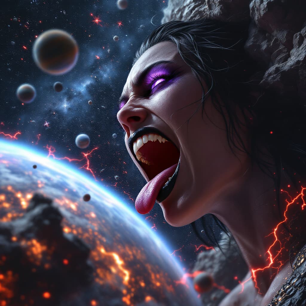 AI generated: enormous giantess Rhea Ripley  from WWE
bigger than a galaxy floating in space, minuscule planets in...