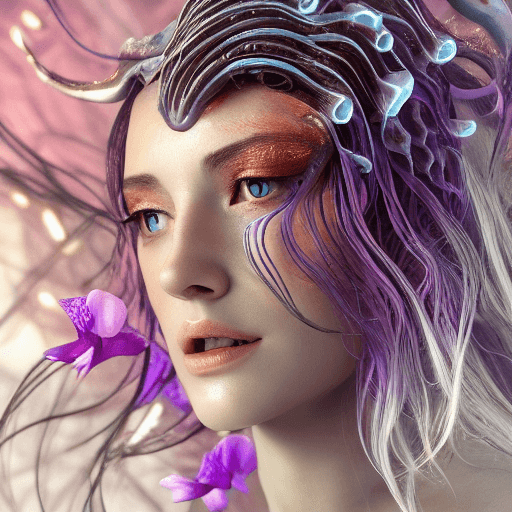 AI generated: Goddess close-up portrait ribcagel. jellyfish phoenix head, nautilus, orchid, skull, betta fish, bio...