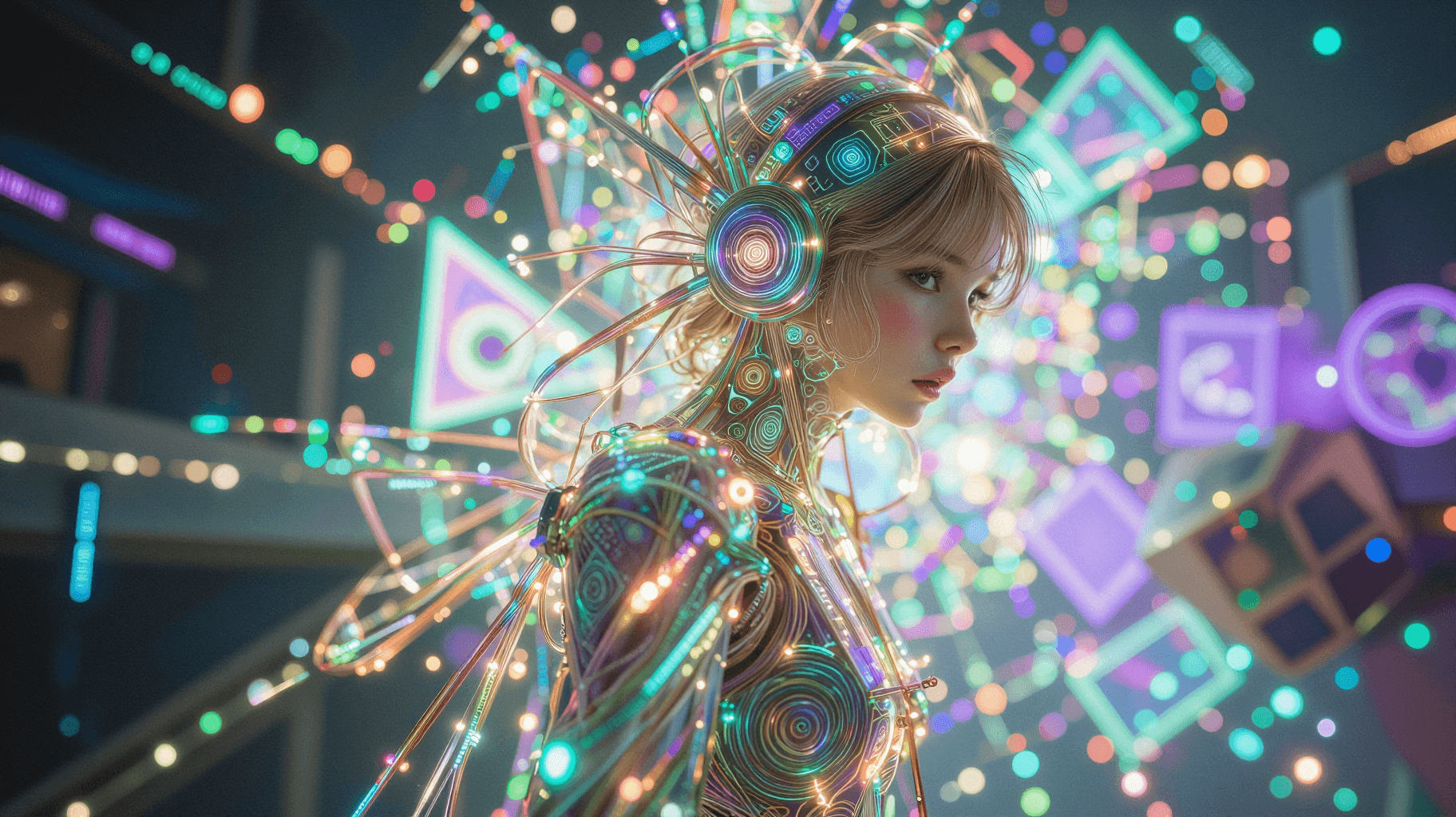 AI generated: A highly detailed, photorealistic, cinematic close up shot of a stunning young woman wearing futuris...