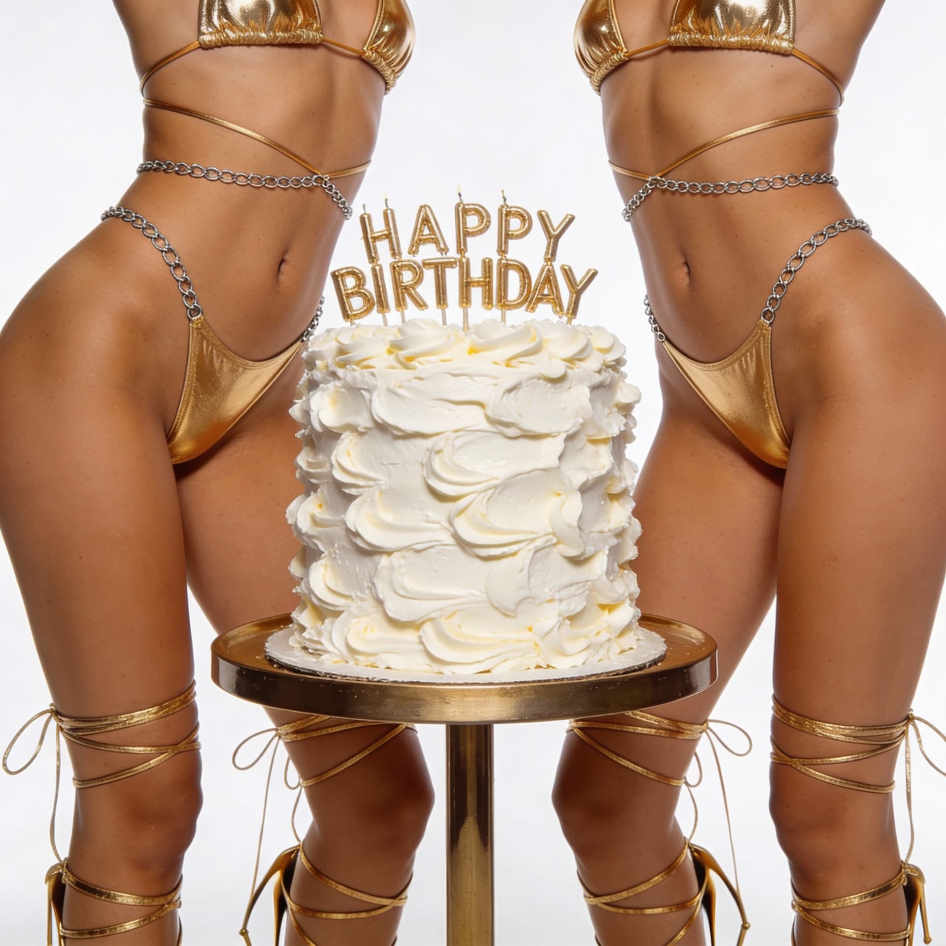 AI generated: Pon luces y ambiente tipo estudio, hermanas gemelas celebrando su cumpleanos, con pastel con mucha c...