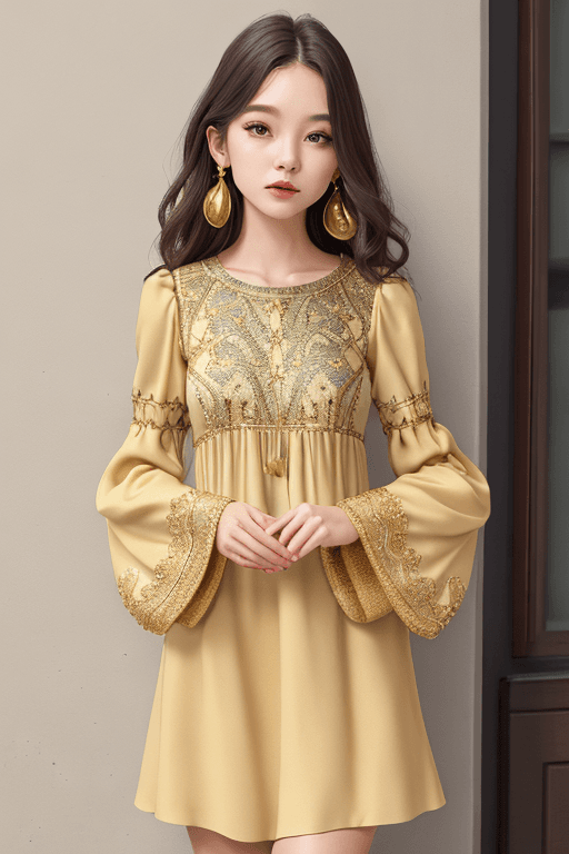 AI generated: Bell sleeve knit dress, gold embroidery