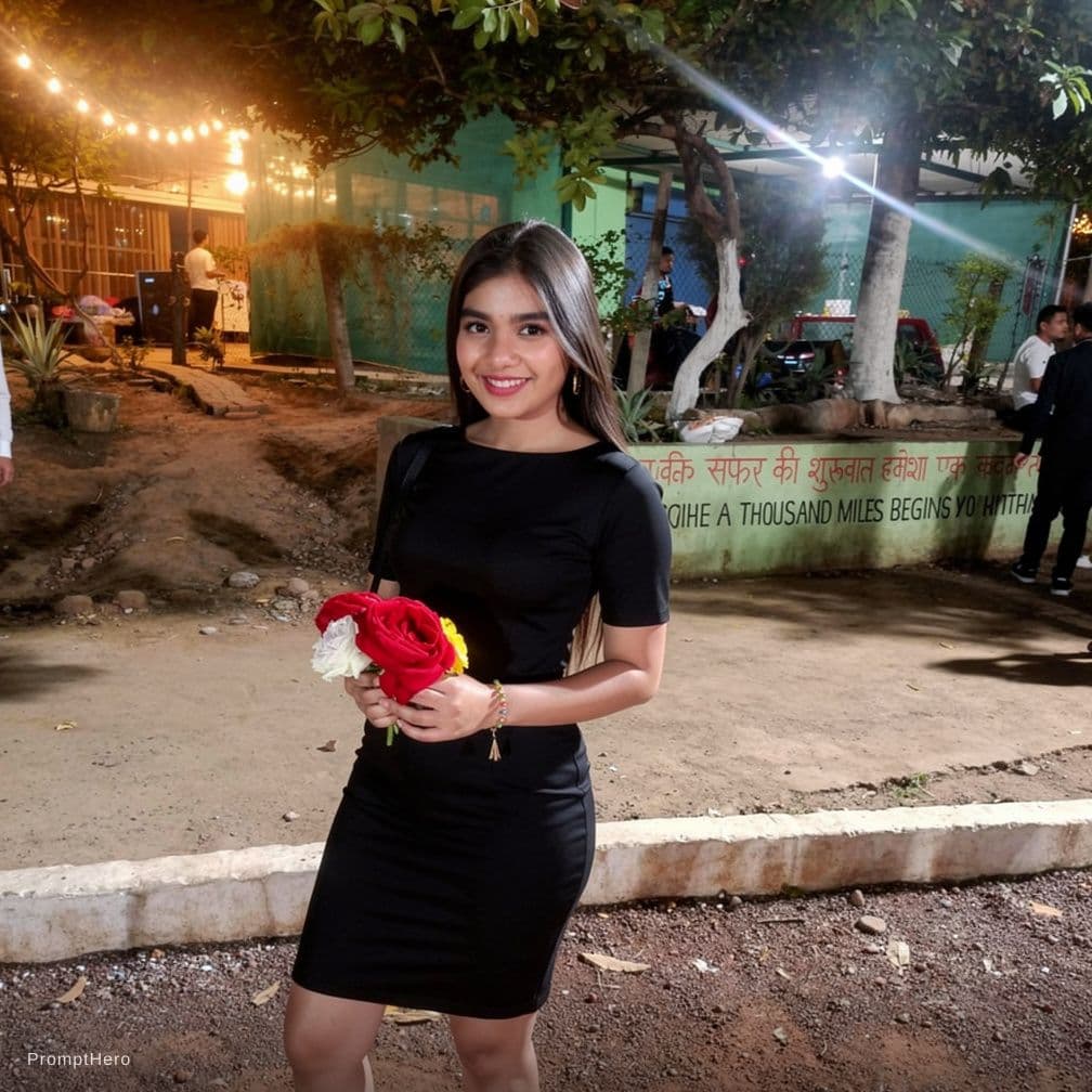 AI generated: woman smiling and looking at camera. Bodycon dress in an evening setting.