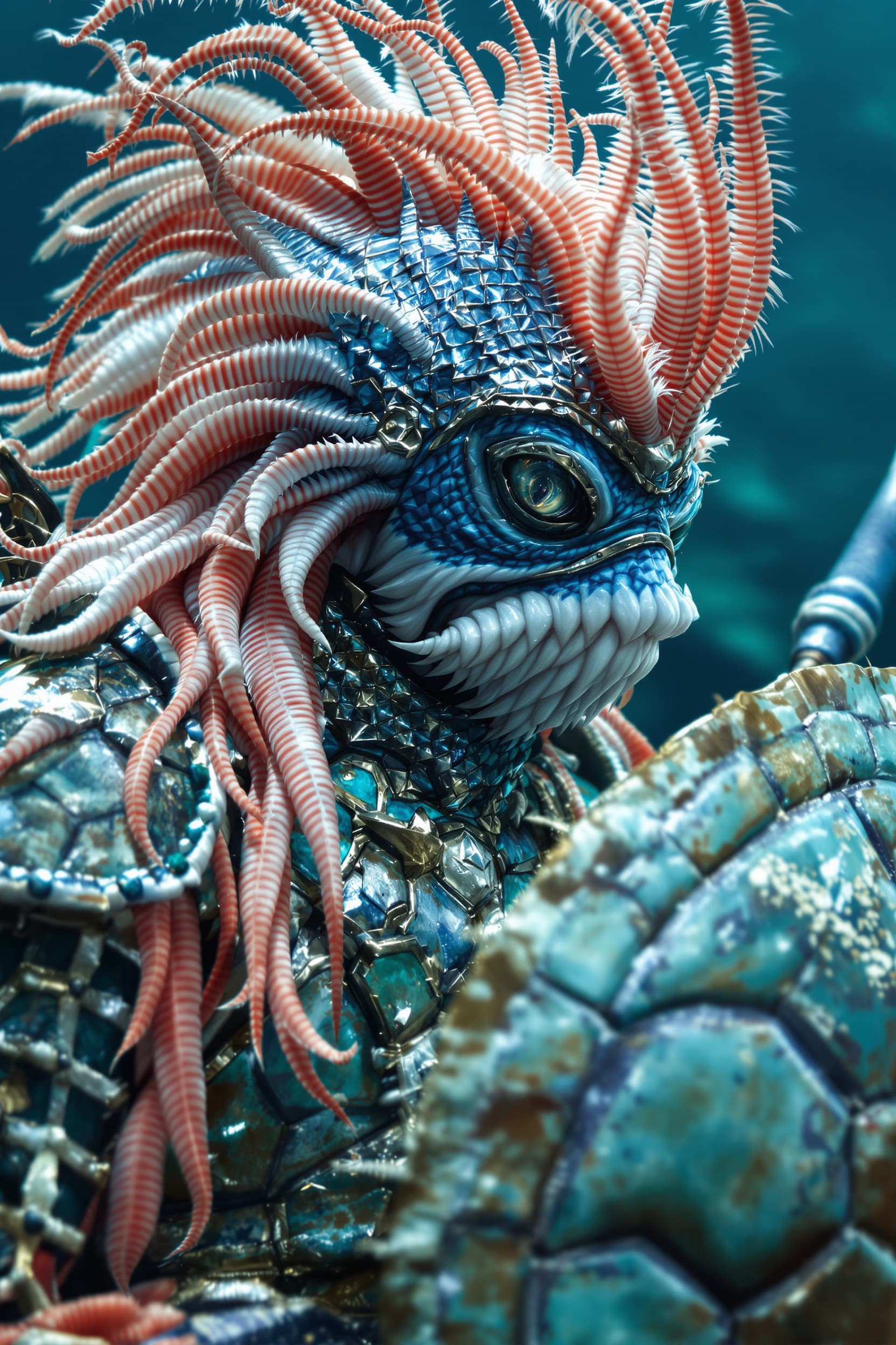 AI generated: lionfish face warrior, minimal feather tendril hair, wearing medieval shark skin scale armor with di...