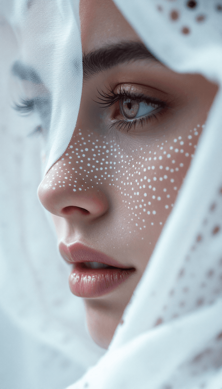 AI generated: close up macro shot, perforated holes in face, white cloth made from fiberoptic cables, depth of fie...