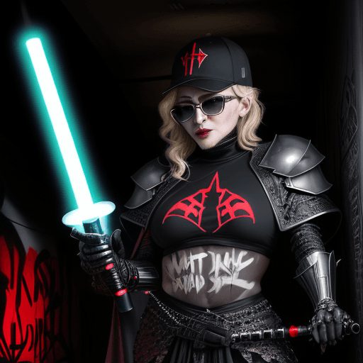 AI generated: Madonna as a mummified demon priest who is apparently immortal is in a lightsaber graffiti fight wit...