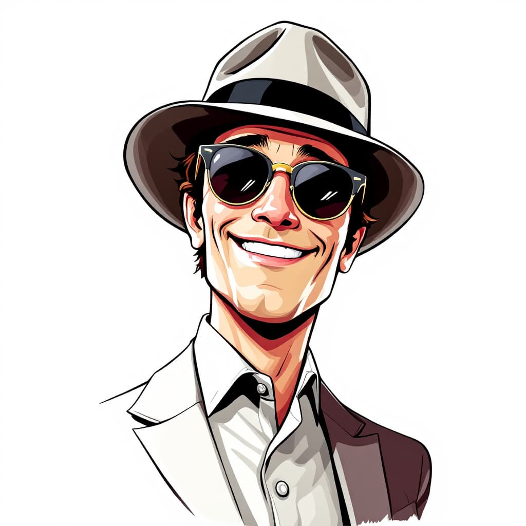 AI generated: Cartoon portrait of a 60s young crooner singer with hat, sunglasses and smirk. Dressed in evening cl...