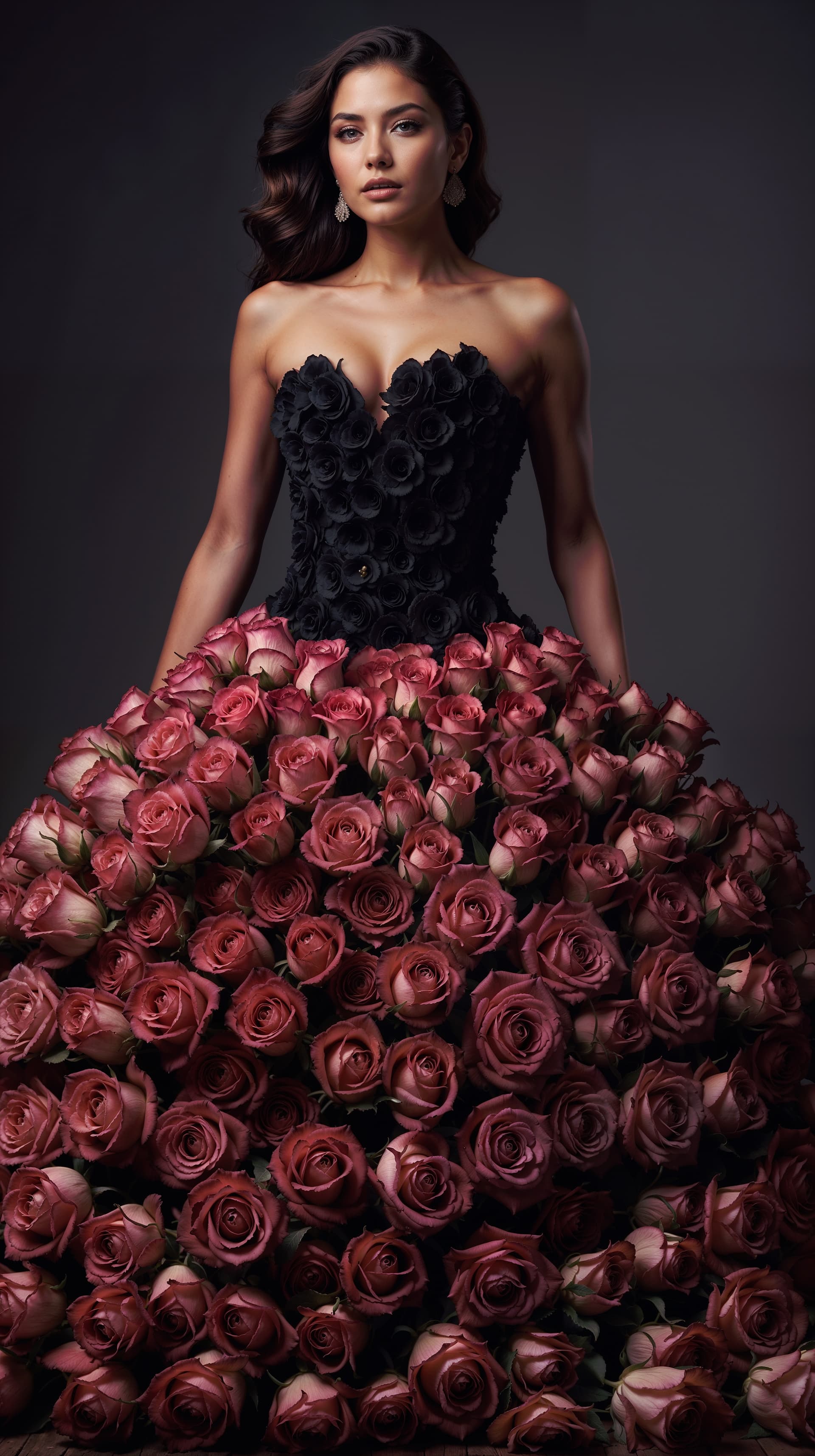 AI generated: A full body photorealistic beautiful dress made entirely of roses with rose texture, rose patterns a...