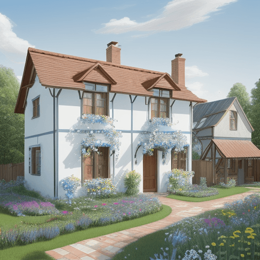 AI generated: Create a drawing of a one-story house from a children's story, white with blue windows and flowers i...