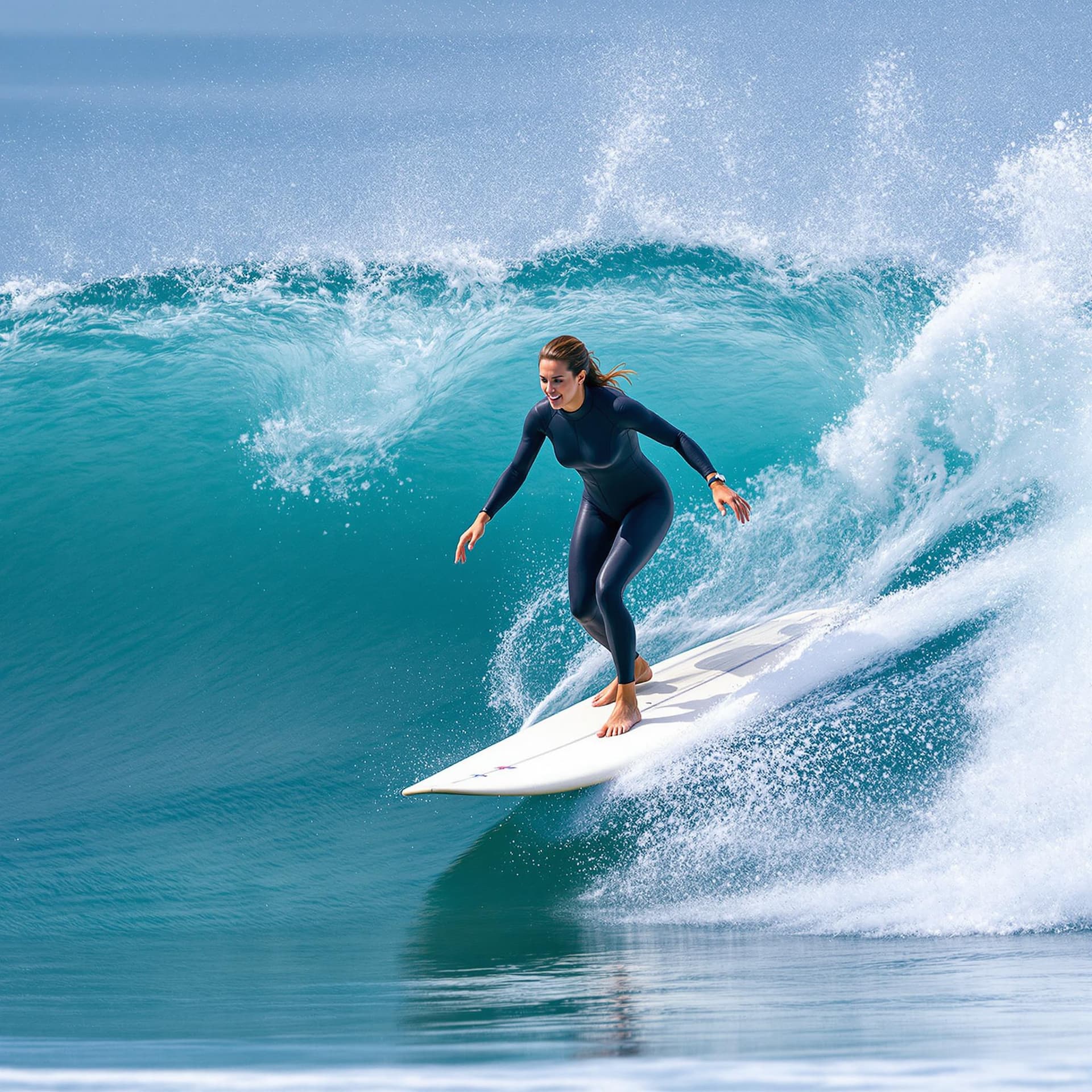 AI generated: The image features a woman riding a wave on a surfboard. She is skillfully navigating the wave, show...