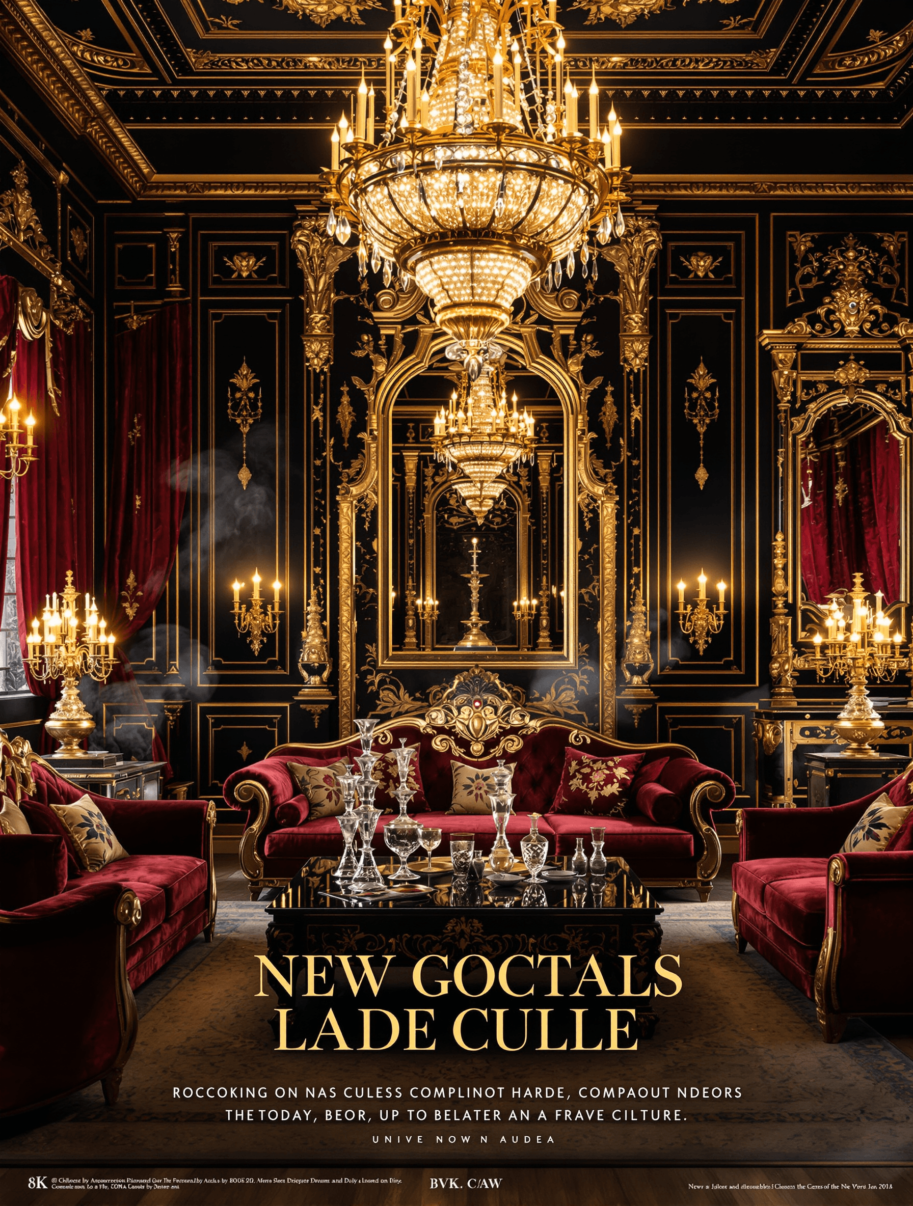 AI generated: Create a grand, opulent poster for The scene is a lavish Rococo/Baroque-inspired living room with da...