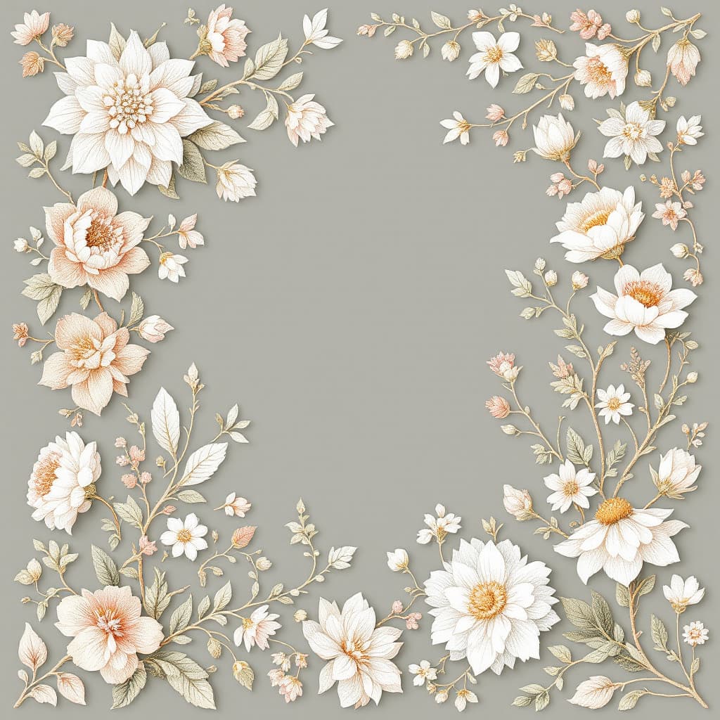 AI generated: A highly detailed, hand-drawn embroidery floral background. The design features intricate floral pat...