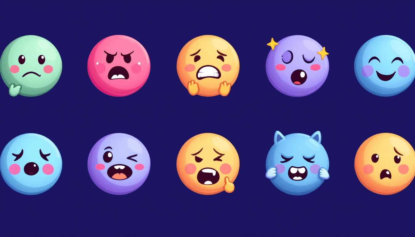 AI generated: Create a set of 10 cute, circular emojis arranged in a 2x5 table format. Each emoji should have a co...