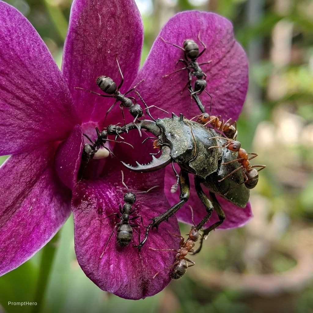 AI generated: An animation of several ants working together to defeat a giant villain in a flower.