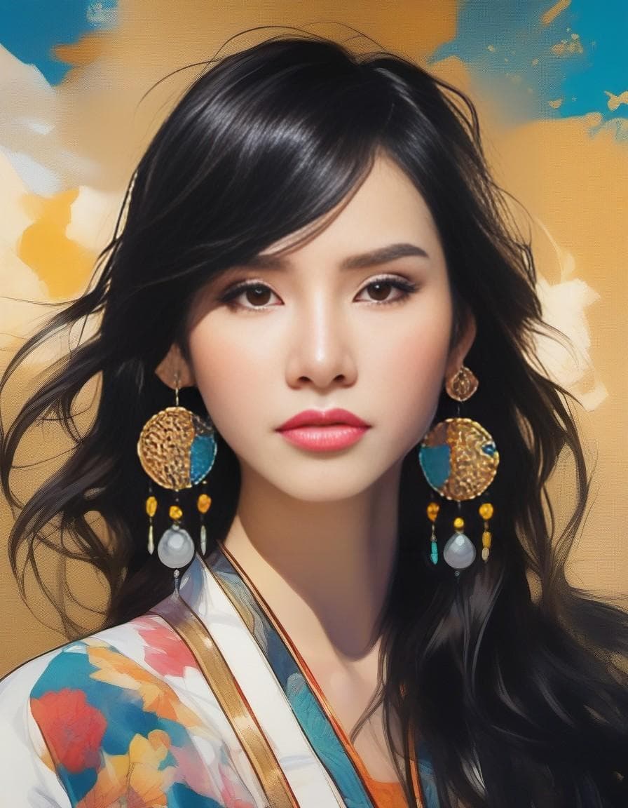 AI generated: girl, with long black hair and colorful earrings, in the style of anime art, transparency and lightn...
