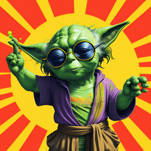 AI generated: tshirt design, colourful, no background, yoda with sun glasses, dancing at a festival, ink splash, 8...