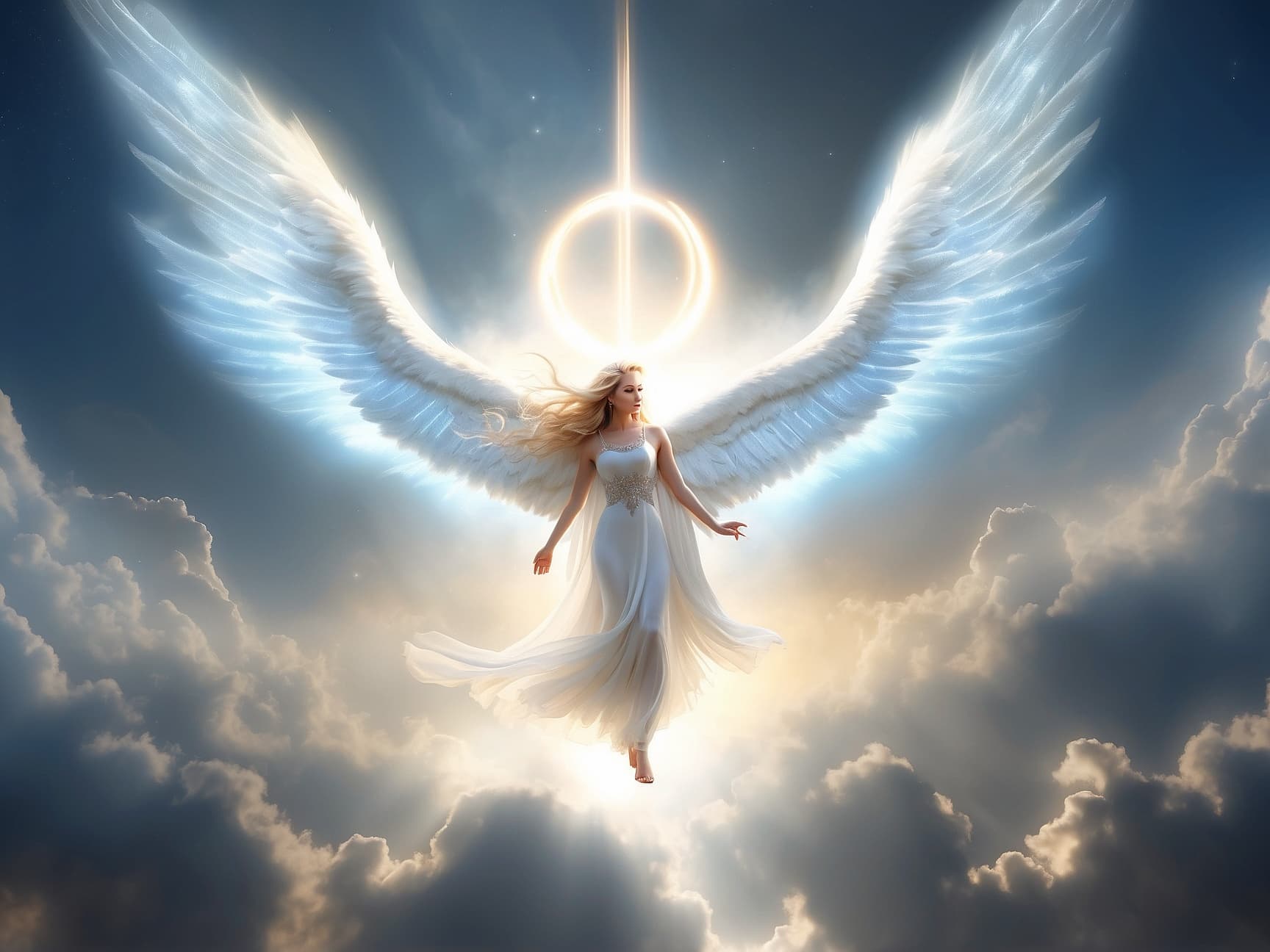 AI generated: "Create a photorealistic image of a celestial and angelic creature from the heavens. Pay meticulous ...