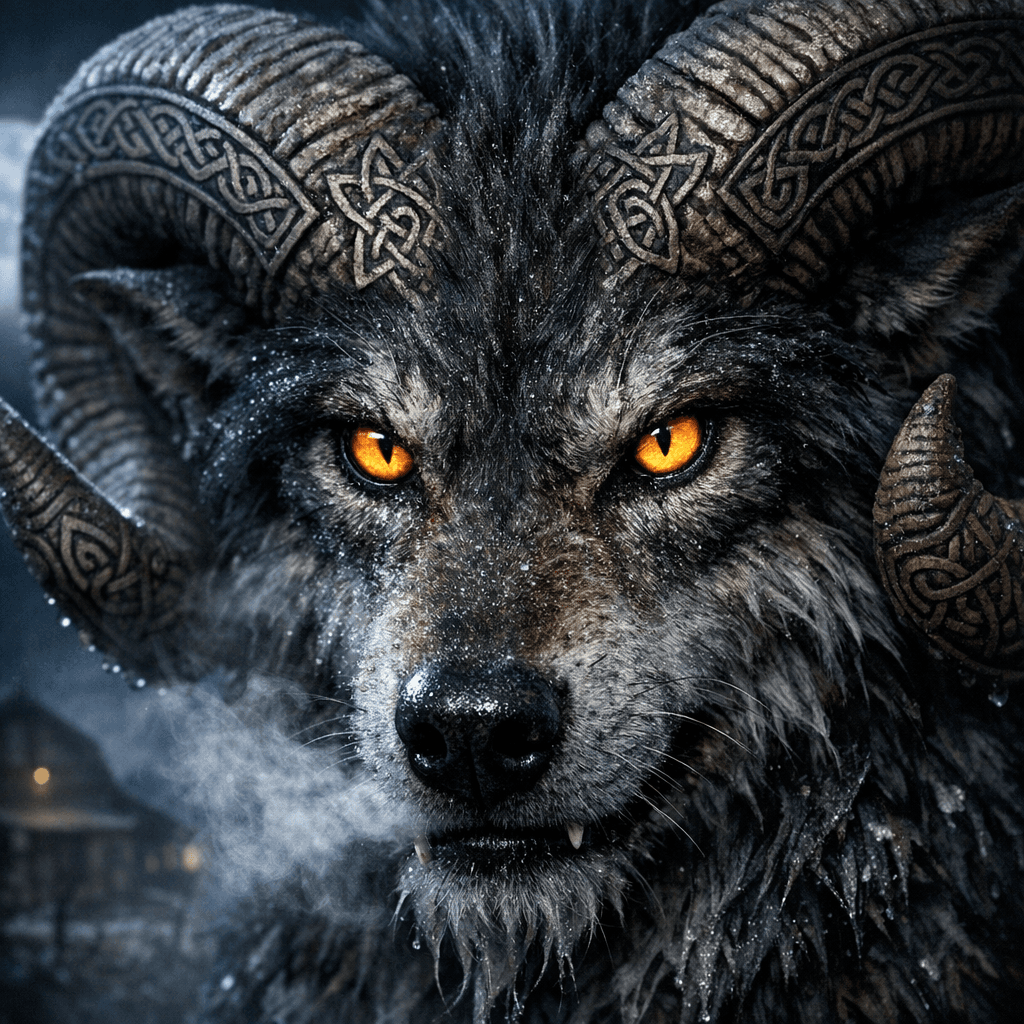 AI generated: intense close-up of creature's face, hybrid of wolf and goat, glowing amber eyes with vertical pupil...