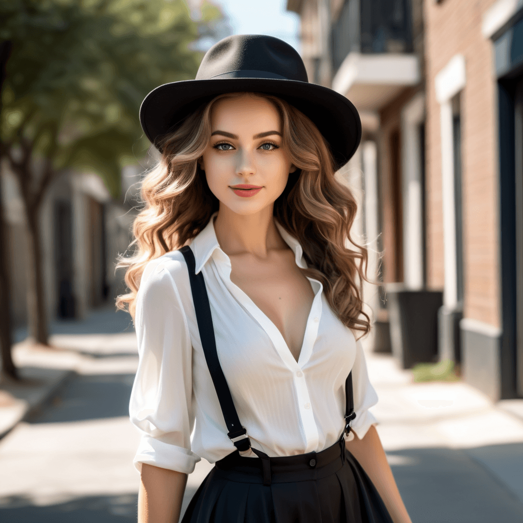 AI generated: A woman walks confidently down a sun-drenched street in a charming neighborhood, her long light-brun...
