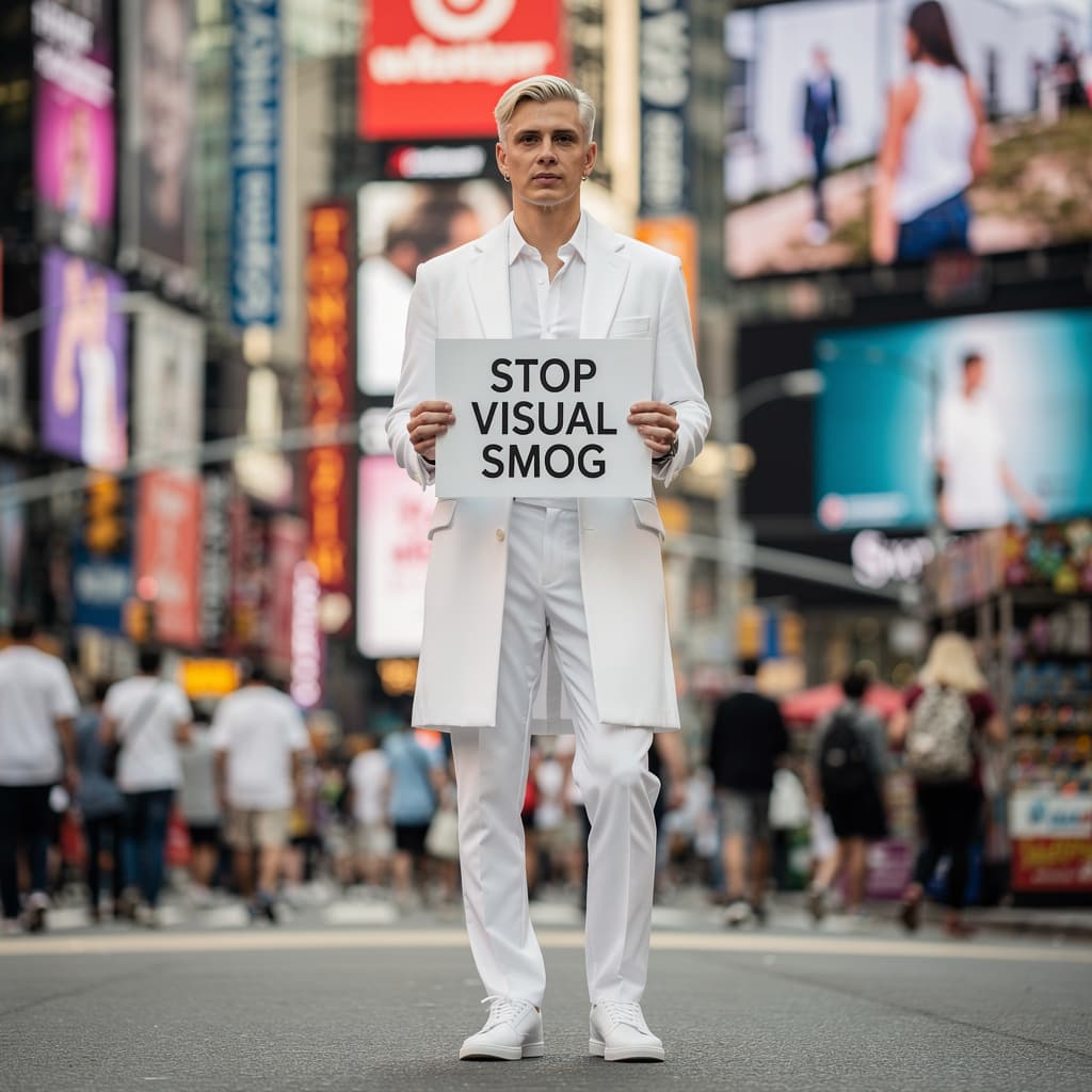 AI generated: add a person in the advertisement, but all painted or dressed in white as a contrast, as he's claimi...